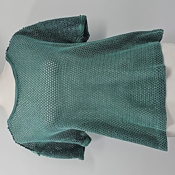 FP Green Open Knit Net Mesh Crew Neck Short Sleeve 100% Cotton T-shirt - Picture 11 of 13